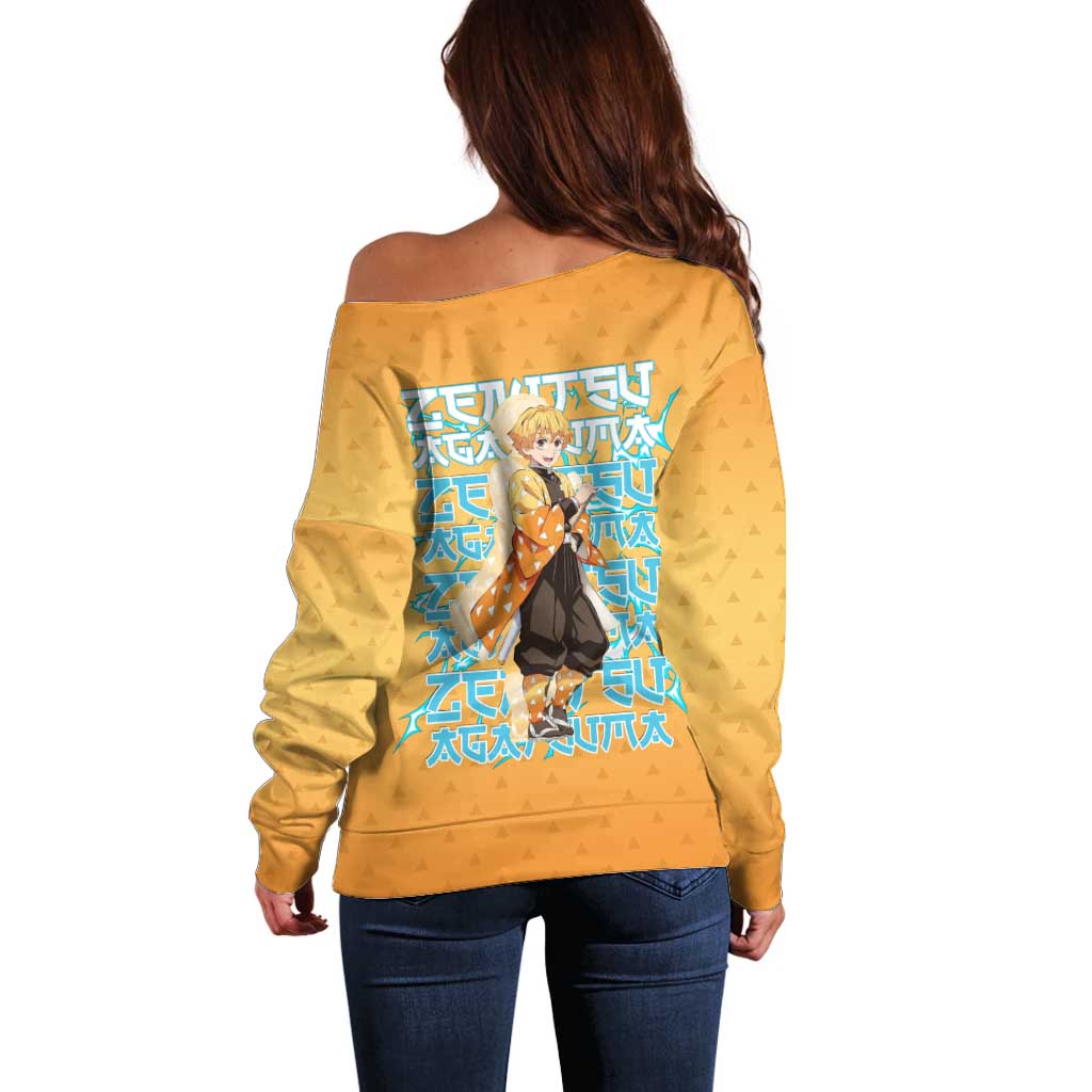 Zenitsu Agatsuma Demon Slayer Off Shoulder Sweater Thunder Spark Anime Tri-Pattern Style