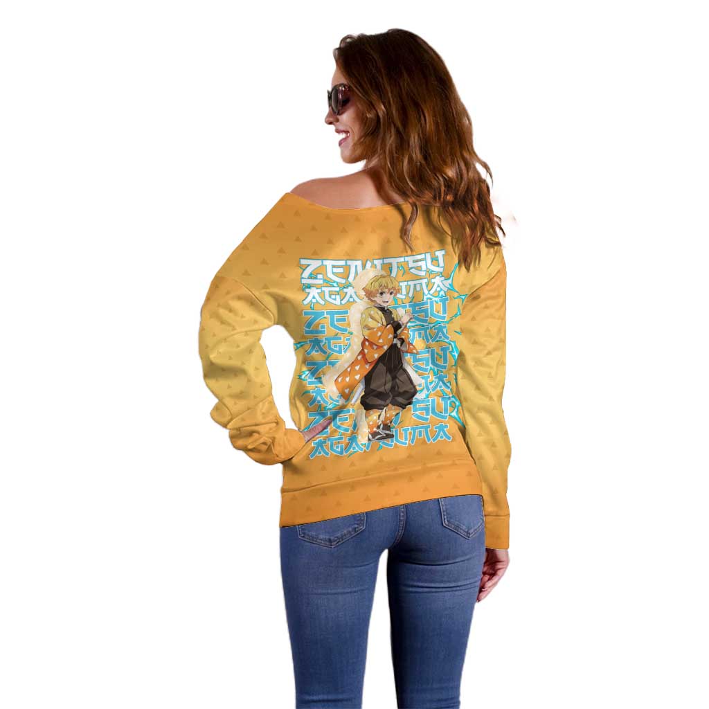 Zenitsu Agatsuma Demon Slayer Off Shoulder Sweater Thunder Spark Anime Tri-Pattern Style