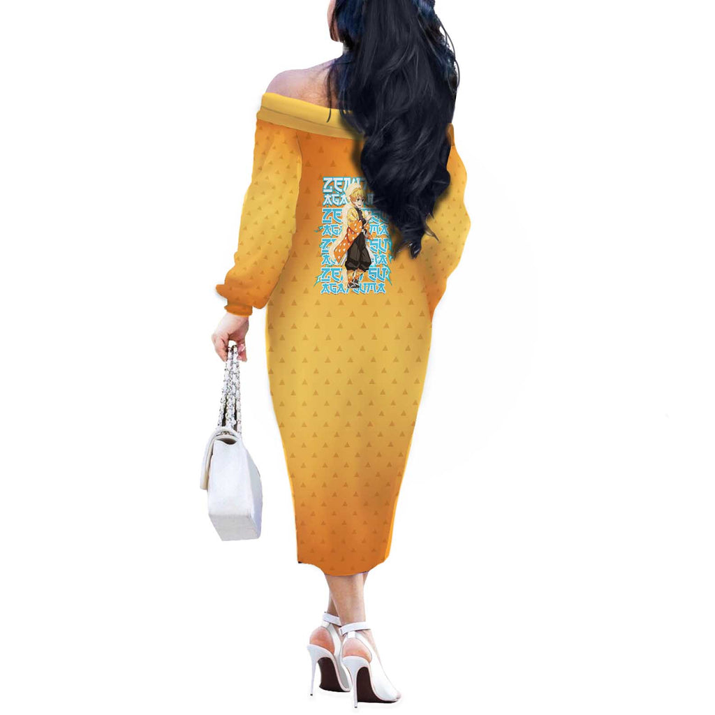Zenitsu Agatsuma Demon Slayer Off The Shoulder Long Sleeve Dress Thunder Spark Anime Tri-Pattern Style