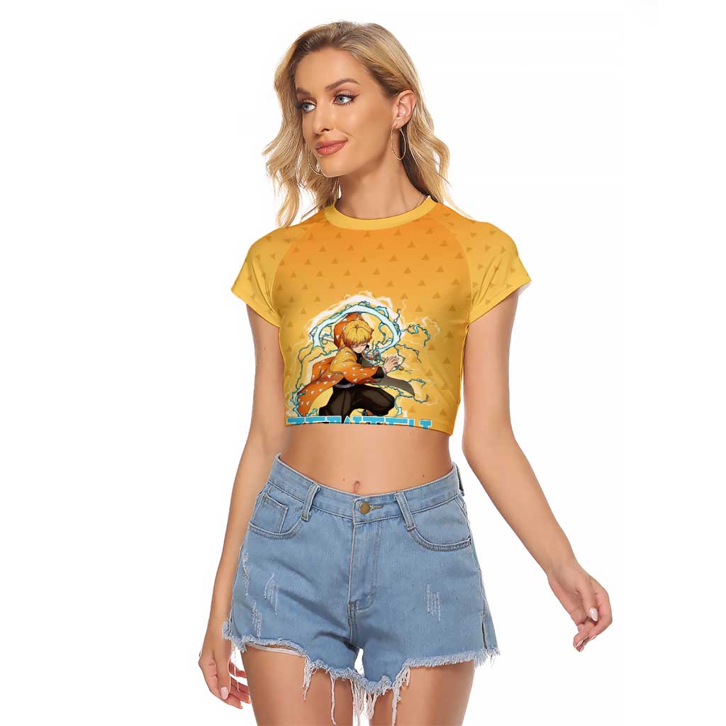 Zenitsu Agatsuma Demon Slayer Raglan Cropped T Shirt Thunder Spark Anime Tri-Pattern Style