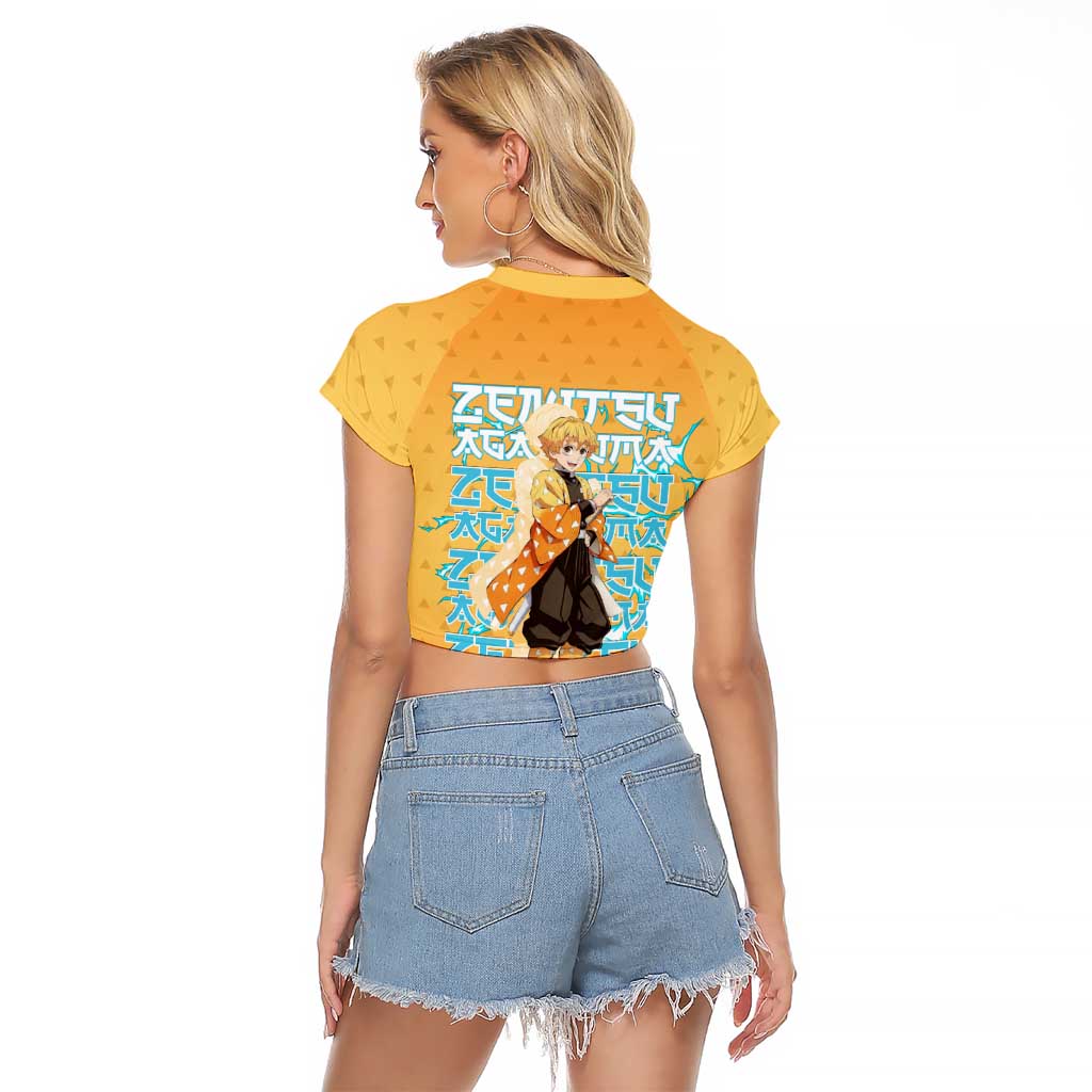 Zenitsu Agatsuma Demon Slayer Raglan Cropped T Shirt Thunder Spark Anime Tri-Pattern Style