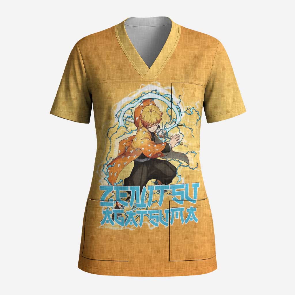 Zenitsu Agatsuma Demon Slayer Scrub Top Thunder Spark Anime Tri-Pattern Style