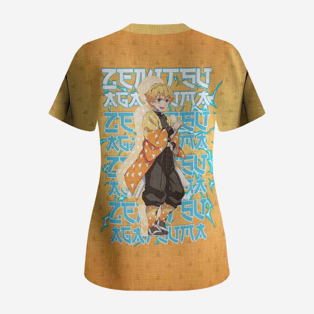 Zenitsu Agatsuma Demon Slayer Scrub Top Thunder Spark Anime Tri-Pattern Style