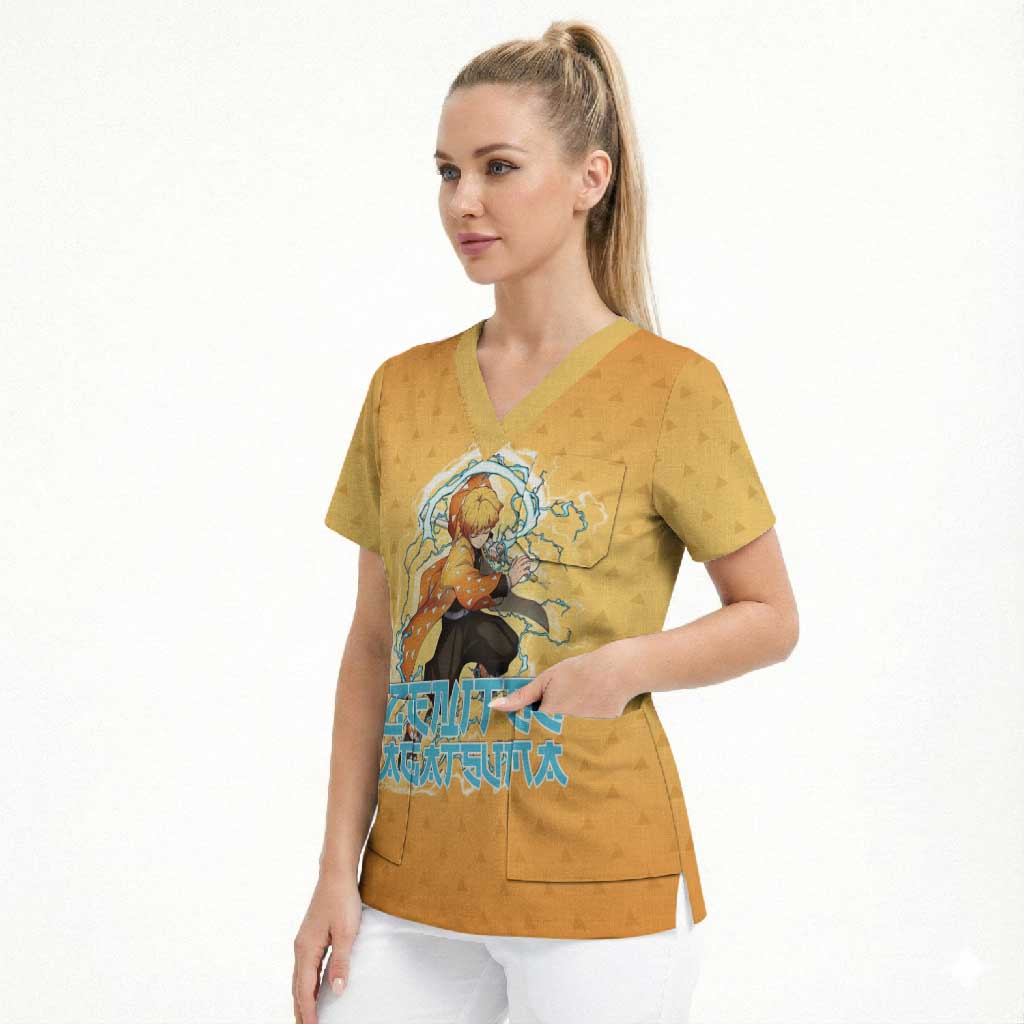 Zenitsu Agatsuma Demon Slayer Scrub Top Thunder Spark Anime Tri-Pattern Style