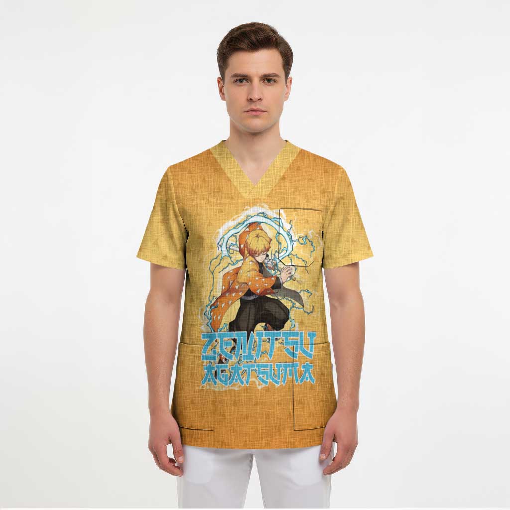 Zenitsu Agatsuma Demon Slayer Scrub Top Thunder Spark Anime Tri-Pattern Style