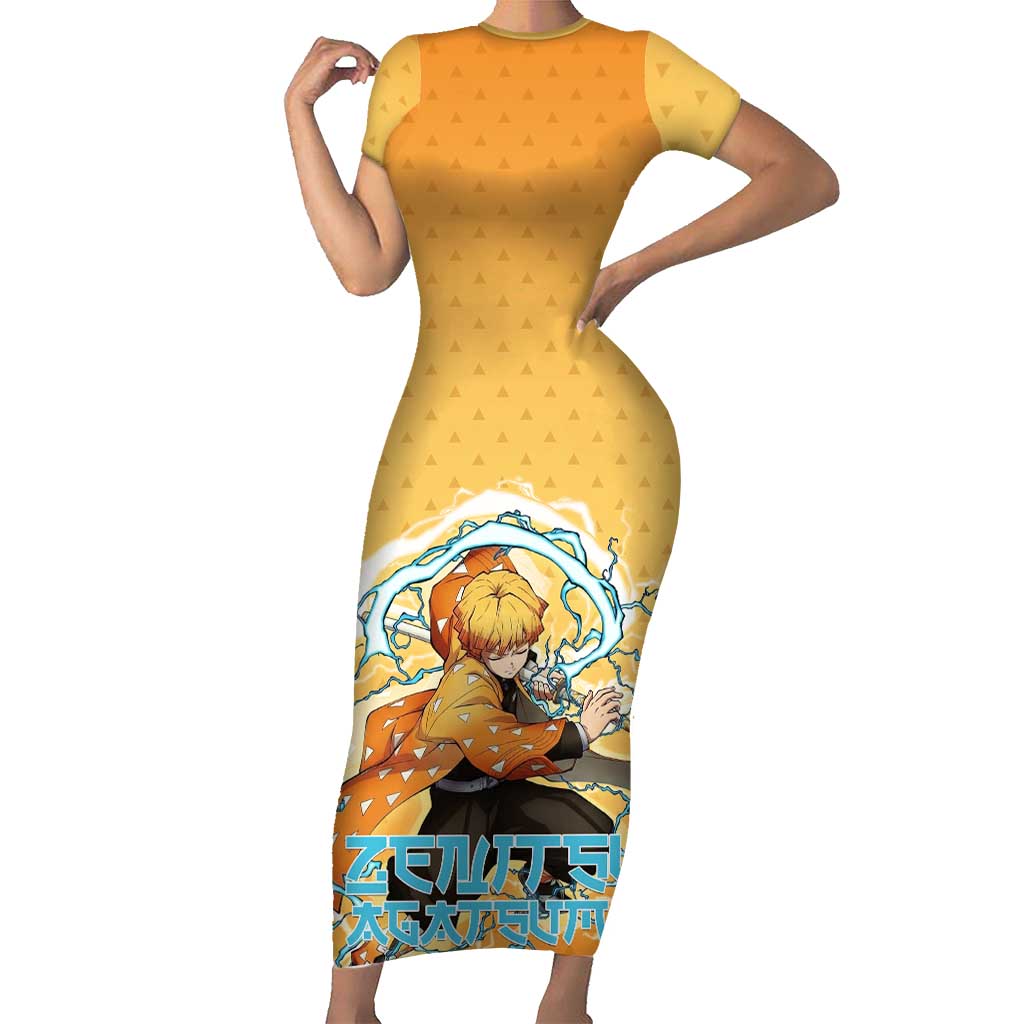 Zenitsu Agatsuma Demon Slayer Short Sleeve Bodycon Dress Thunder Spark Anime Tri-Pattern Style