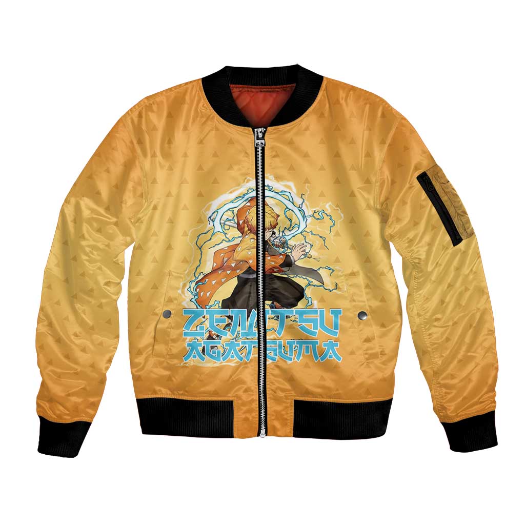 Zenitsu Agatsuma Demon Slayer Sleeve Zip Bomber Jacket Thunder Spark Anime Tri-Pattern Style