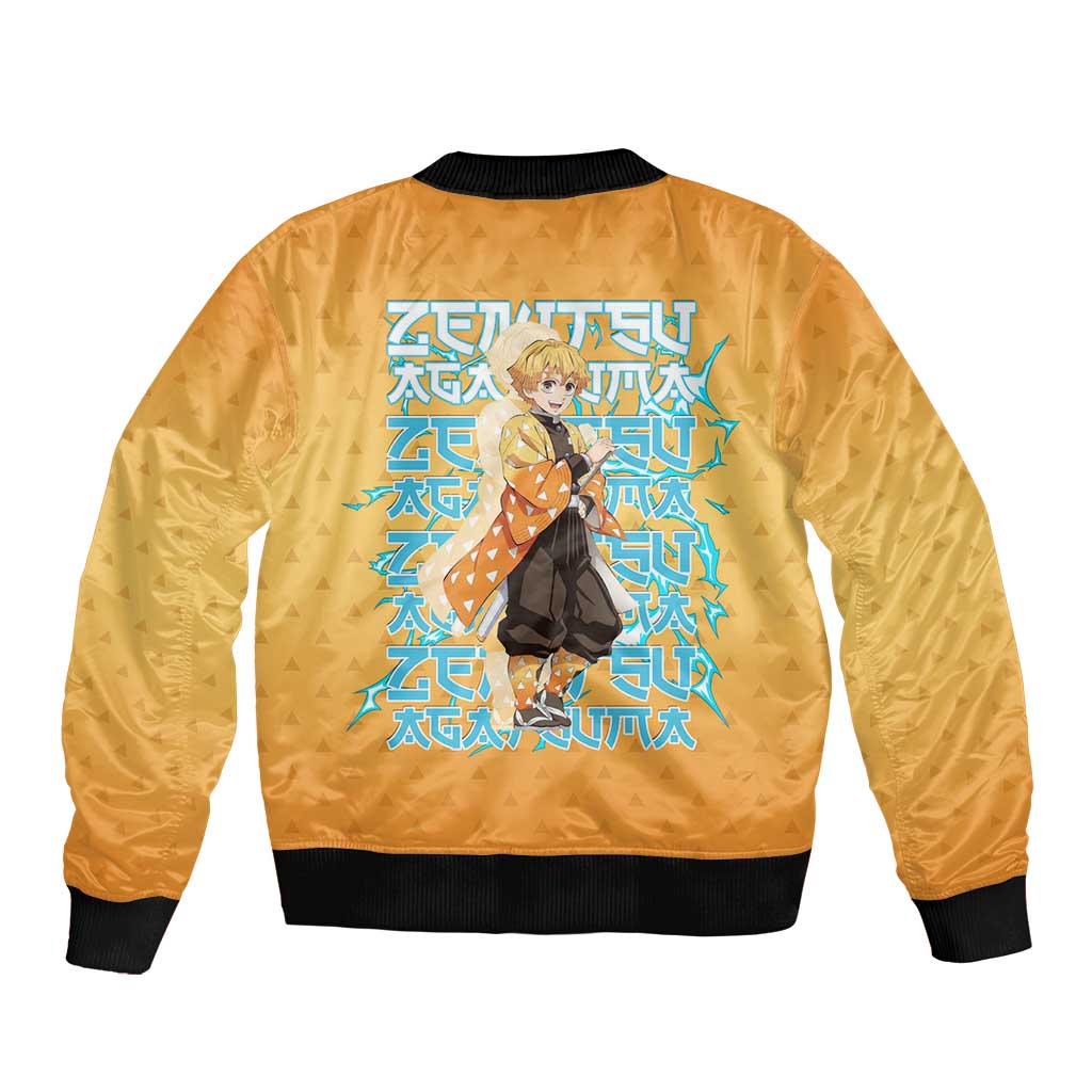 Zenitsu Agatsuma Demon Slayer Sleeve Zip Bomber Jacket Thunder Spark Anime Tri-Pattern Style