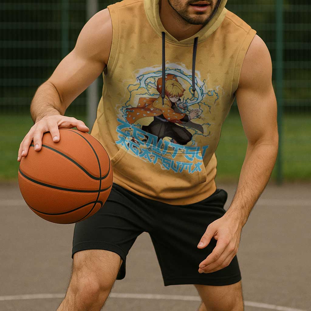 Zenitsu Agatsuma Demon Slayer Sleeveless Hoodie Thunder Spark Anime Tri-Pattern Style