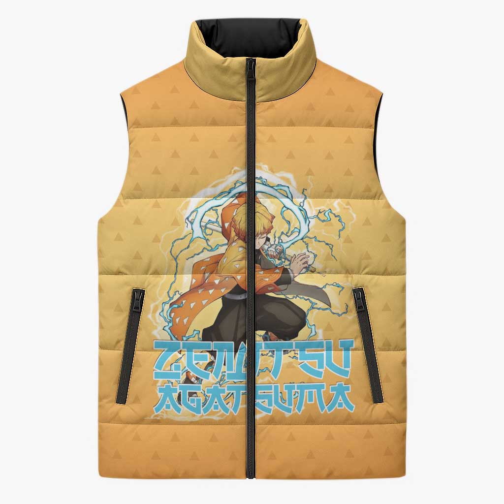 Zenitsu Agatsuma Demon Slayer Sleeveless Puffer Jacket Thunder Spark Anime Tri-Pattern Style