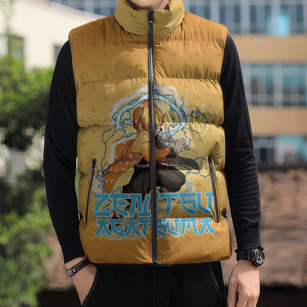 Zenitsu Agatsuma Demon Slayer Sleeveless Puffer Jacket Thunder Spark Anime Tri-Pattern Style