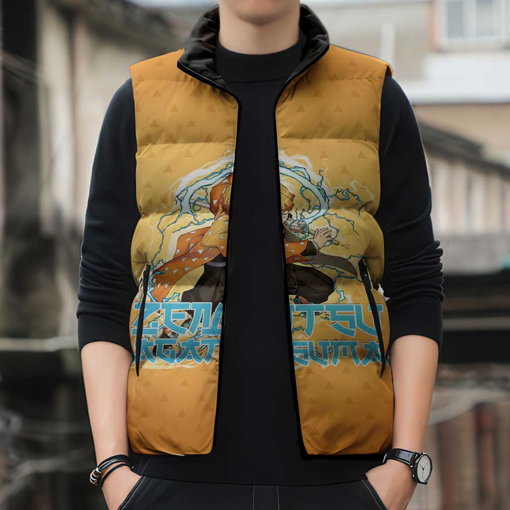 Zenitsu Agatsuma Demon Slayer Sleeveless Puffer Jacket Thunder Spark Anime Tri-Pattern Style