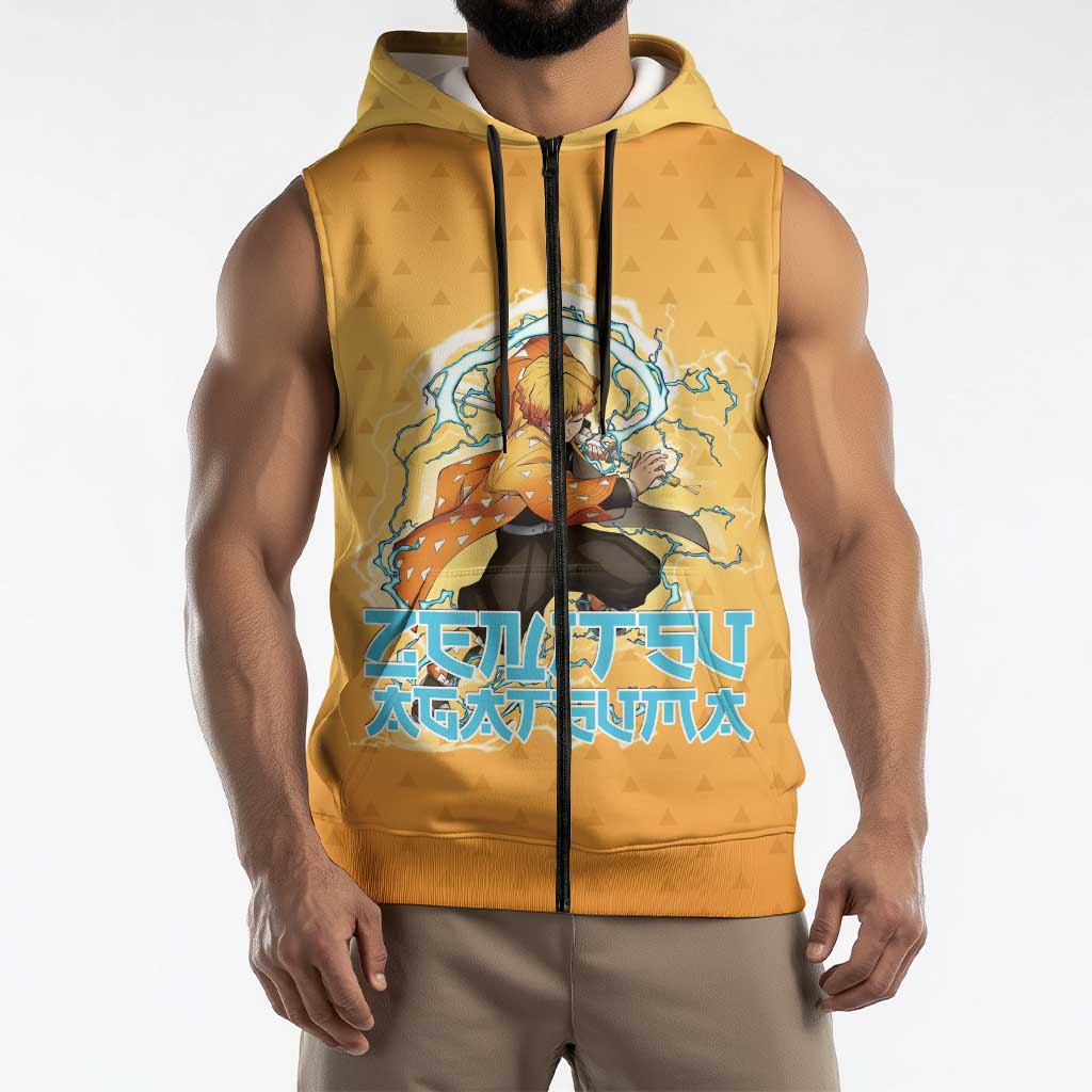 Zenitsu Agatsuma Demon Slayer Sleeveless Zip Hoodie Thunder Spark Anime Tri-Pattern Style