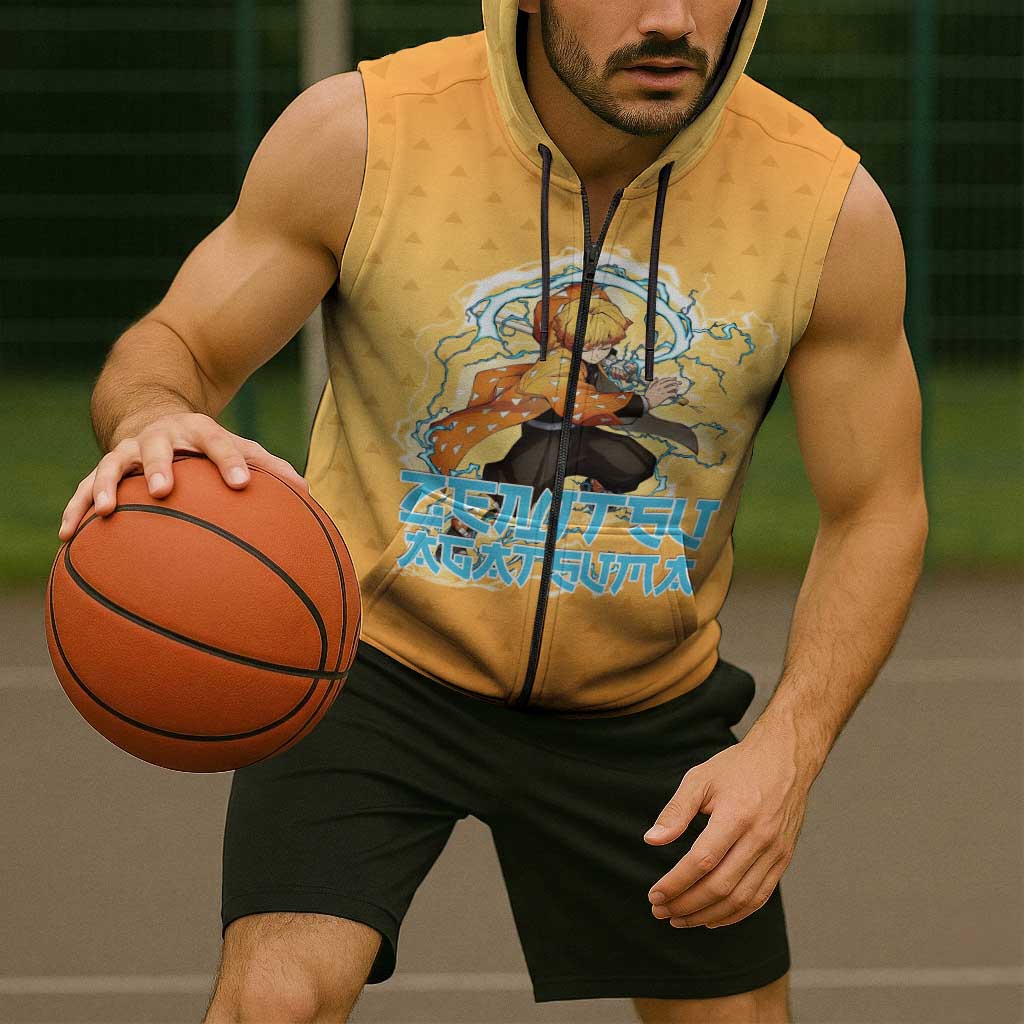 Zenitsu Agatsuma Demon Slayer Sleeveless Zip Hoodie Thunder Spark Anime Tri-Pattern Style