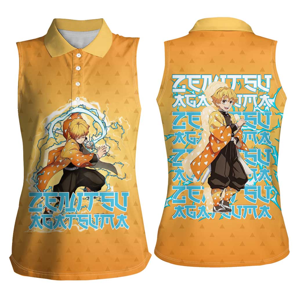 Zenitsu Agatsuma Demon Slayer Women Sleeveless Polo Shirt Thunder Spark Anime Tri-Pattern Style