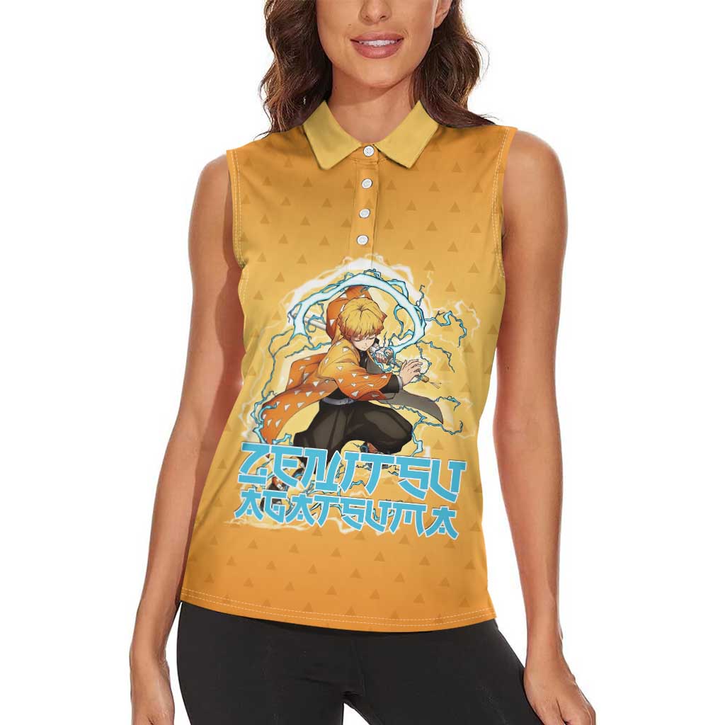 Zenitsu Agatsuma Demon Slayer Women Sleeveless Polo Shirt Thunder Spark Anime Tri-Pattern Style