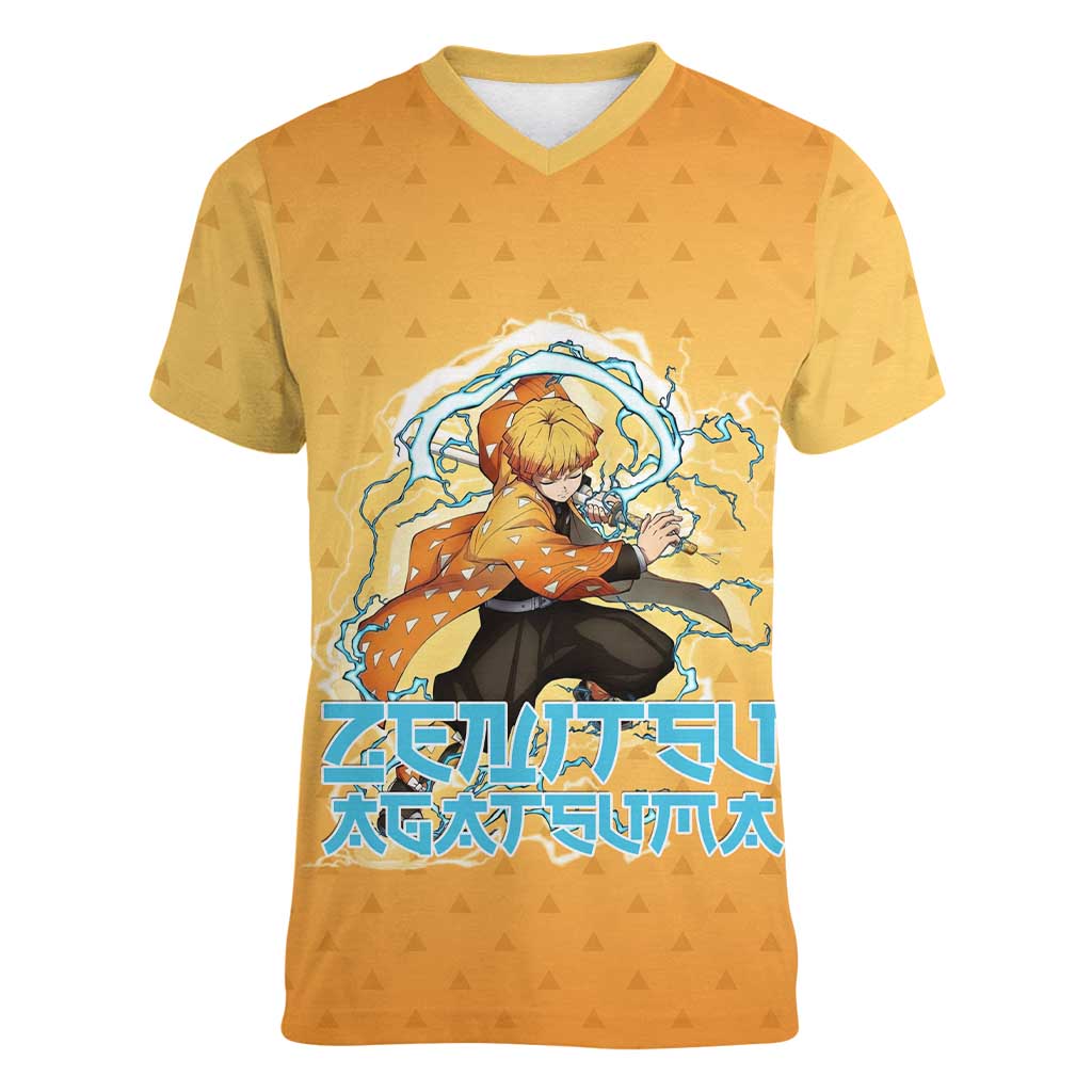 Zenitsu Agatsuma Demon Slayer Women V-Neck T-Shirt Thunder Spark Anime Tri-Pattern Style