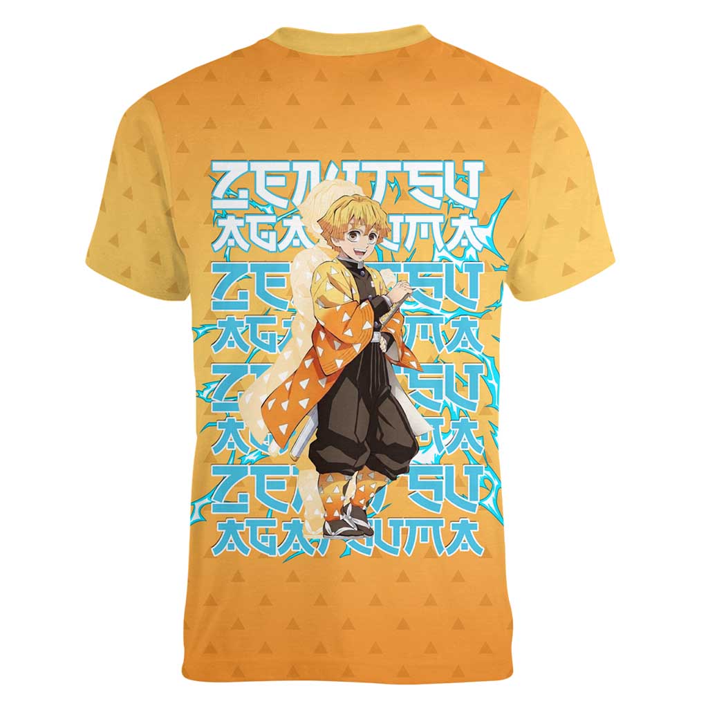 Zenitsu Agatsuma Demon Slayer Women V-Neck T-Shirt Thunder Spark Anime Tri-Pattern Style
