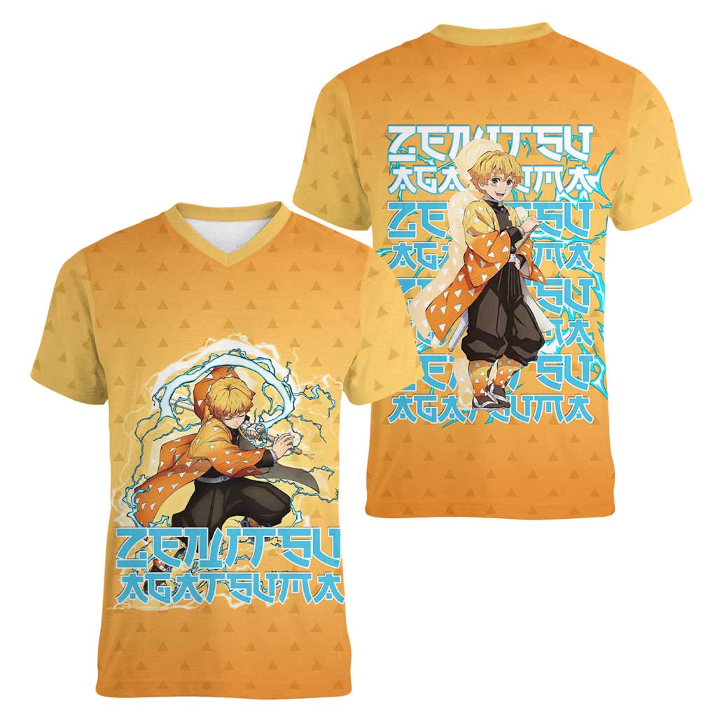 Zenitsu Agatsuma Demon Slayer Women V-Neck T-Shirt Thunder Spark Anime Tri-Pattern Style