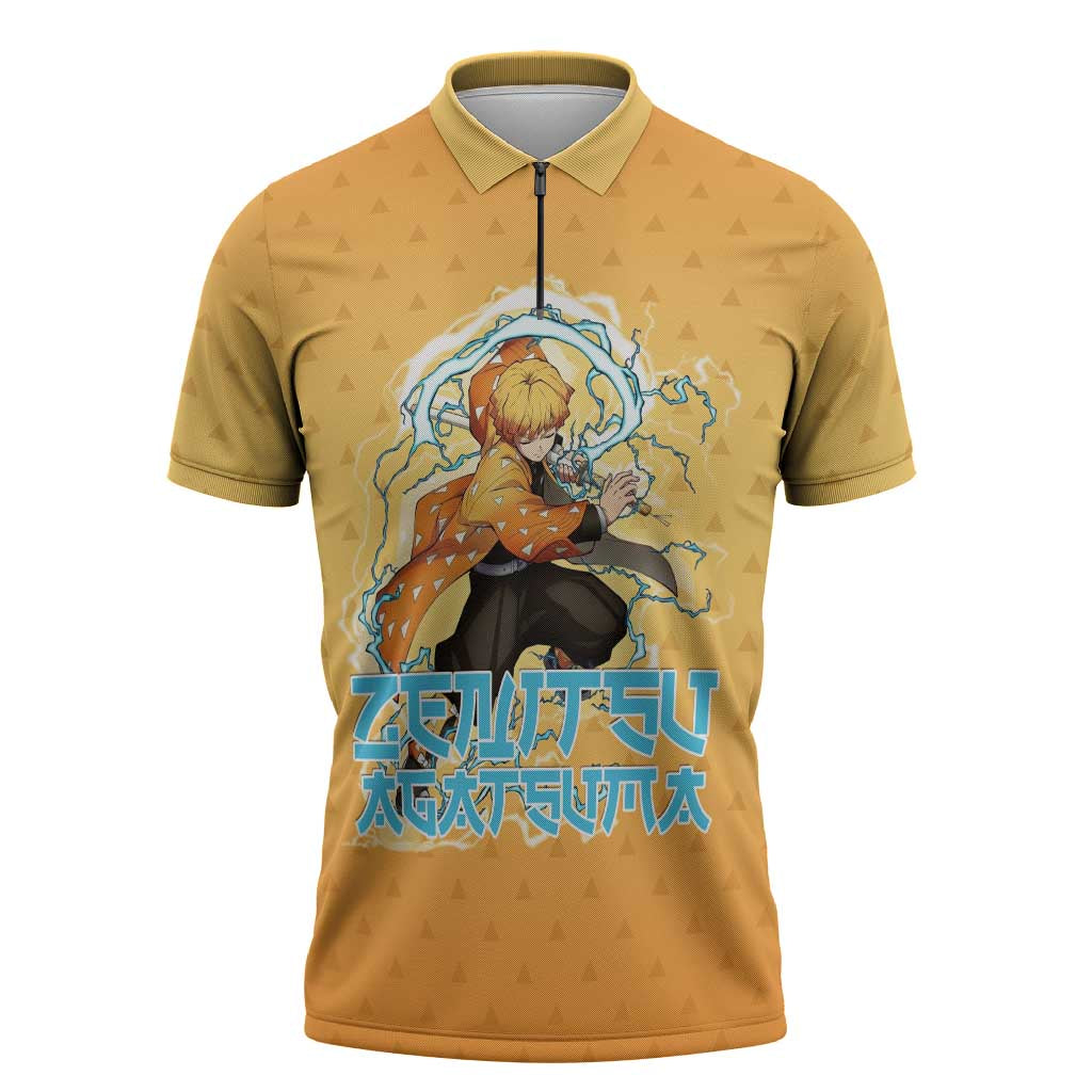 Zenitsu Agatsuma Demon Slayer Zipper Polo Shirt Thunder Spark Anime Tri-Pattern Style