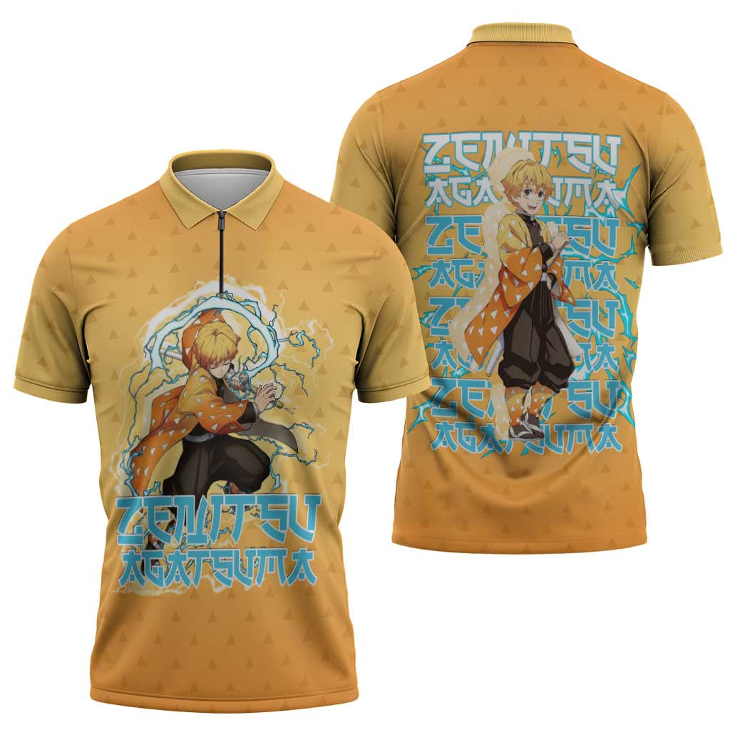 Zenitsu Agatsuma Demon Slayer Zipper Polo Shirt Thunder Spark Anime Tri-Pattern Style