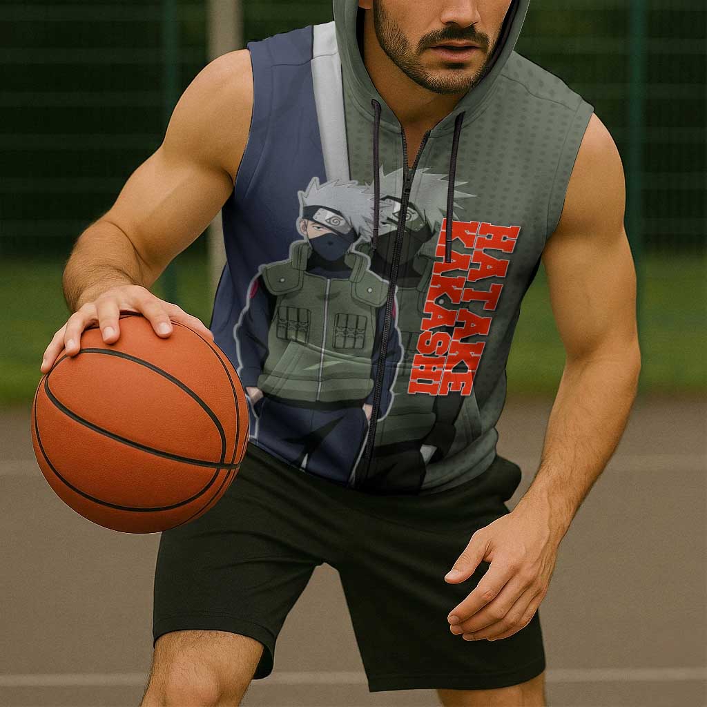 Hatake Kakashi Naruto Sleeveless Zip Hoodie Retro Manga Grid Pop Style