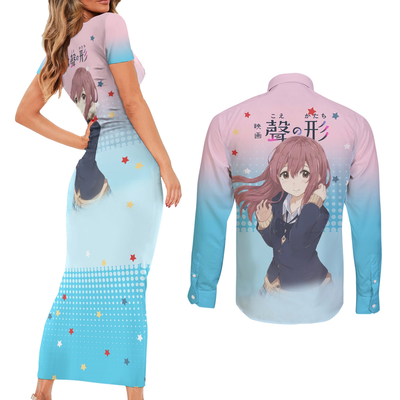 Nishimiya Shouko Couples Matching Short Sleeve Bodycon Dress and Long Sleeve Button Shirt A Slient Voice
