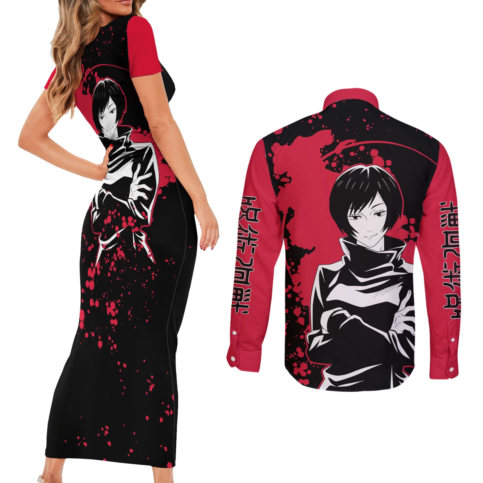 Mai Zenin Jujutsu Kaisen Couples Matching Short Sleeve Bodycon Dress and Long Sleeve Button Shirt Manga Style Art