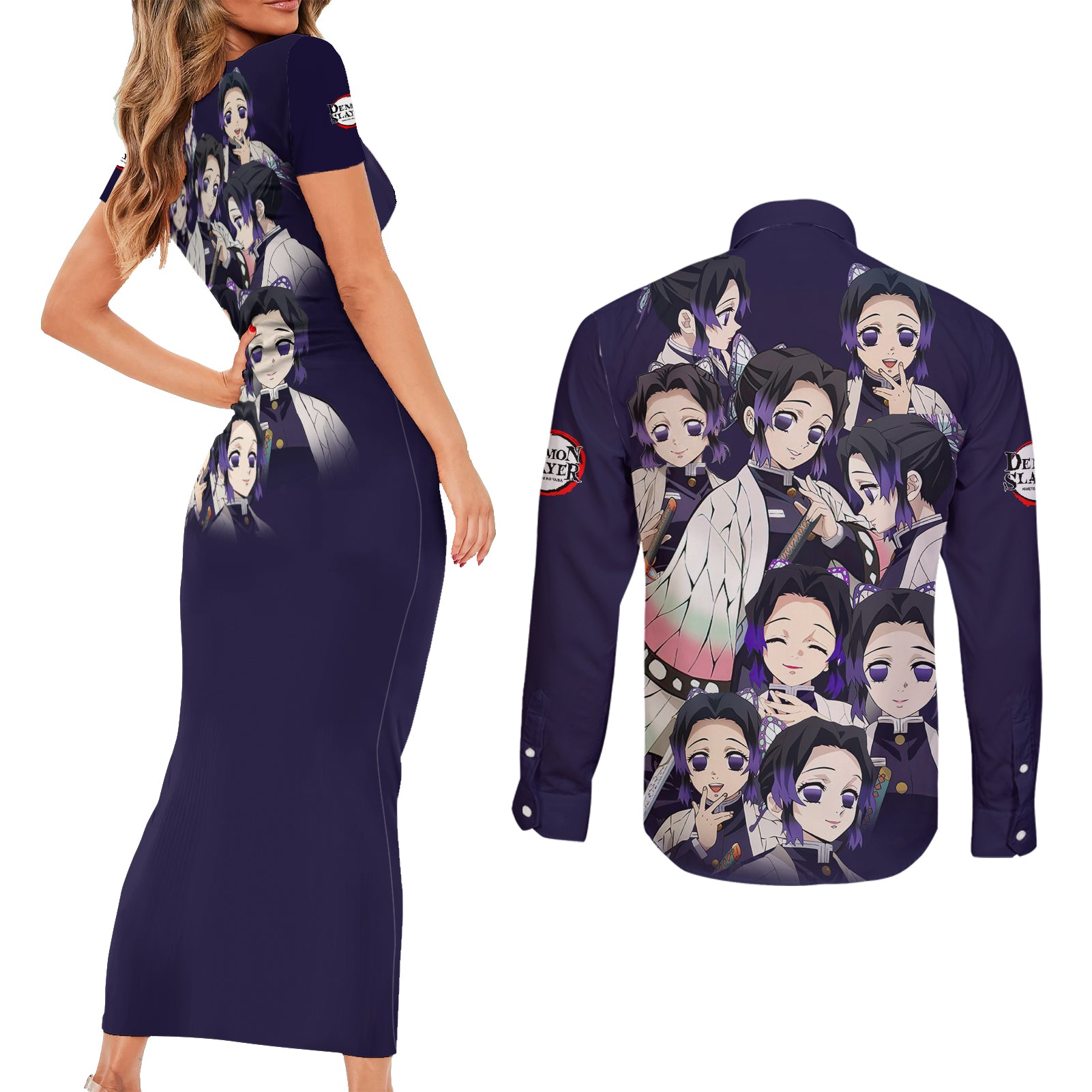 Shinobu Kocho Demon Slayer Couples Matching Short Sleeve Bodycon Dress and Long Sleeve Button Shirt Anime Style