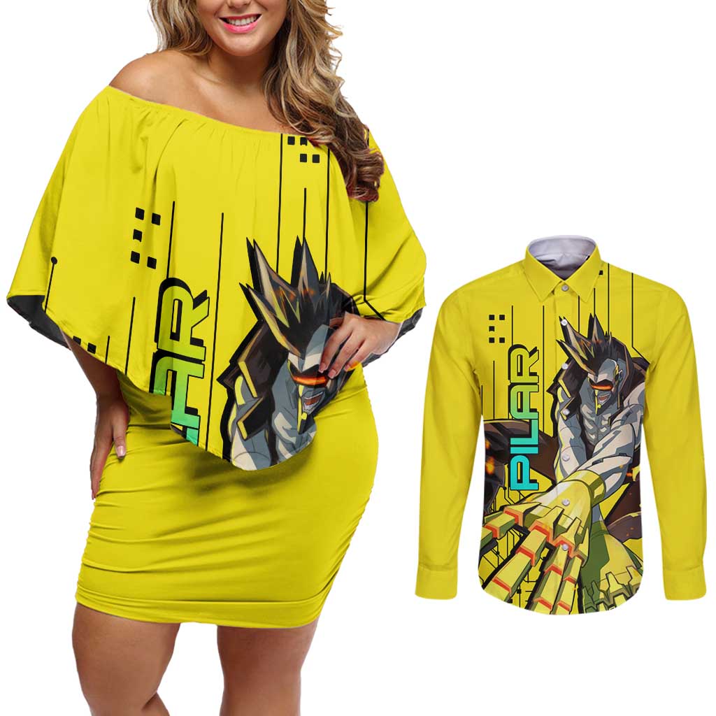 Pilar - Cyberpunk Edgerunners Couples Matching Off Shoulder Short Dress and Long Sleeve Button Shirt Anime Style