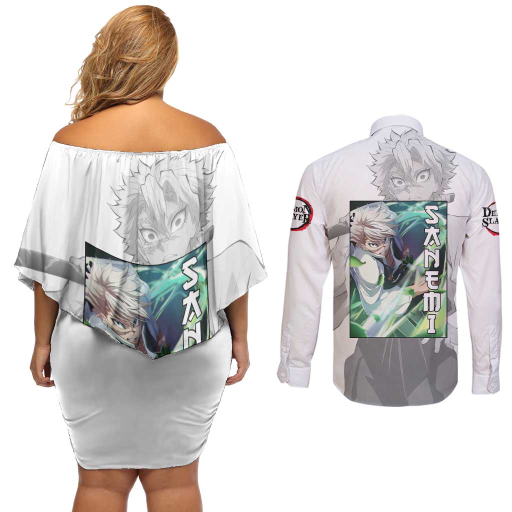 Sanemi Shinazugawa - Demon Slayer Couples Matching Off Shoulder Short Dress and Long Sleeve Button Shirt Anime Style