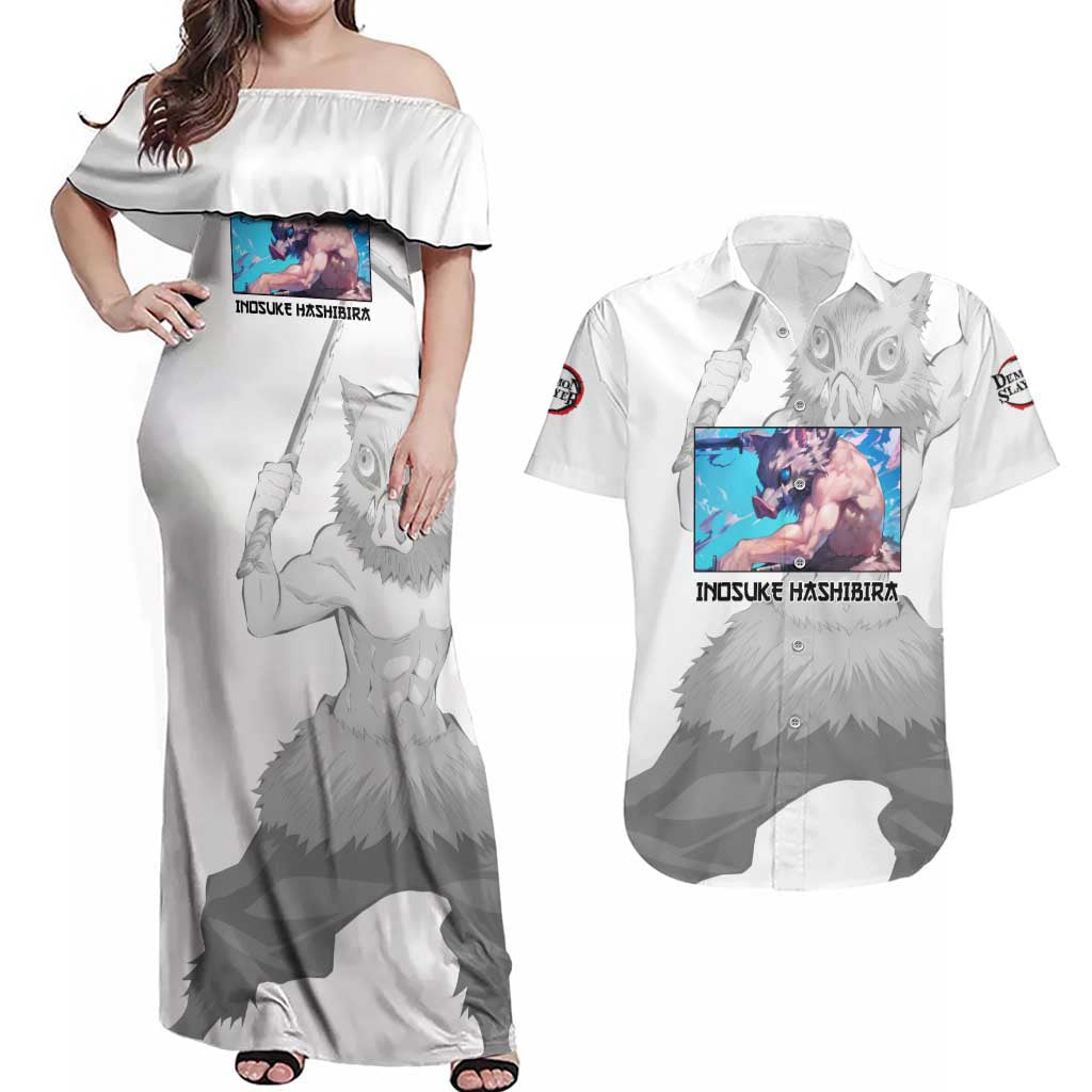 Hahibira Inosuke - Demon Slayer Couples Matching Off Shoulder Maxi Dress and Hawaiian Shirt Anime Style