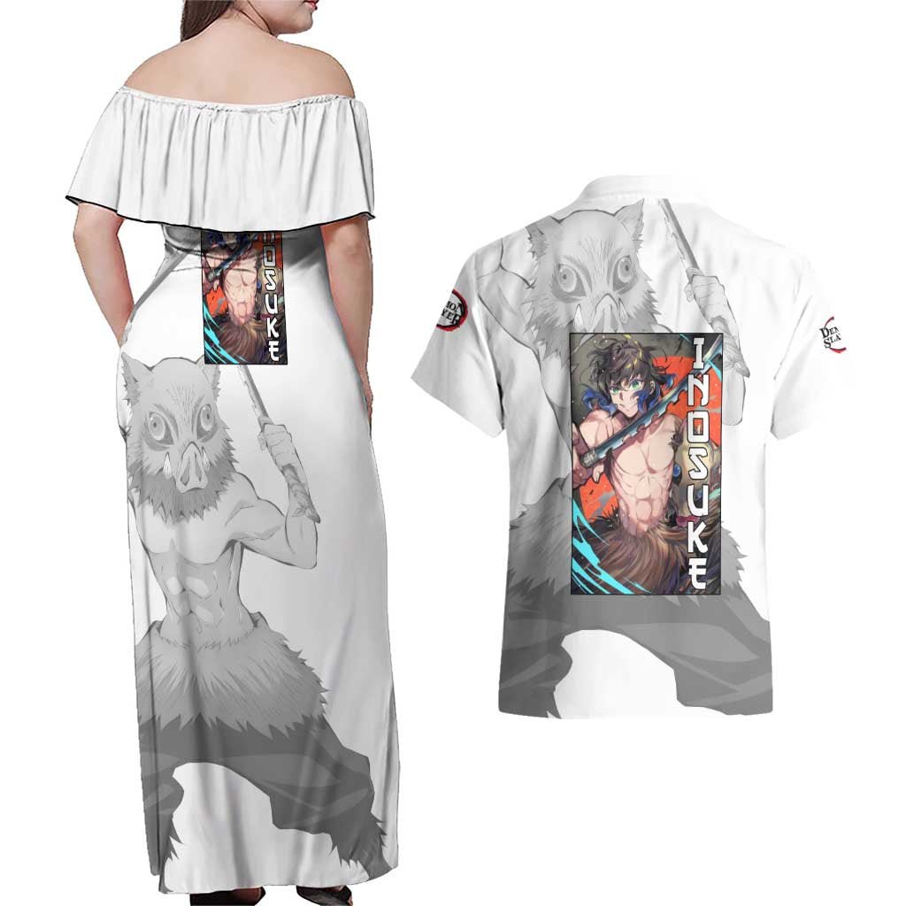 Hahibira Inosuke - Demon Slayer Couples Matching Off Shoulder Maxi Dress and Hawaiian Shirt Anime Style