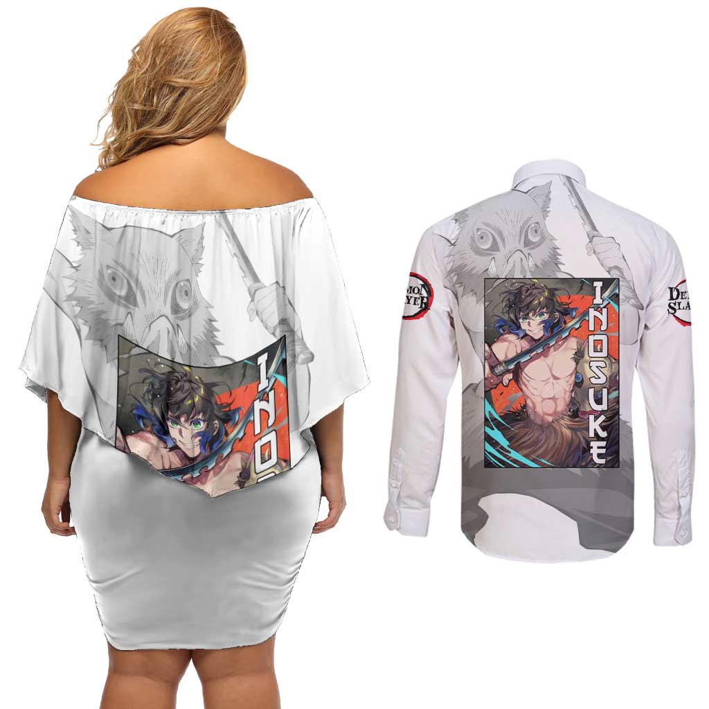 Hahibira Inosuke - Demon Slayer Couples Matching Off Shoulder Short Dress and Long Sleeve Button Shirt Anime Style