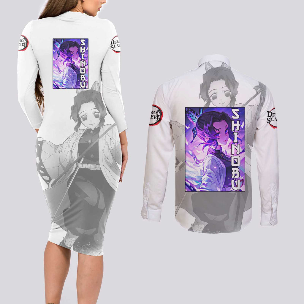 Shinobu Kochou - Demon Slayer Couples Matching Long Sleeve Bodycon Dress and Long Sleeve Button Shirt Anime Style