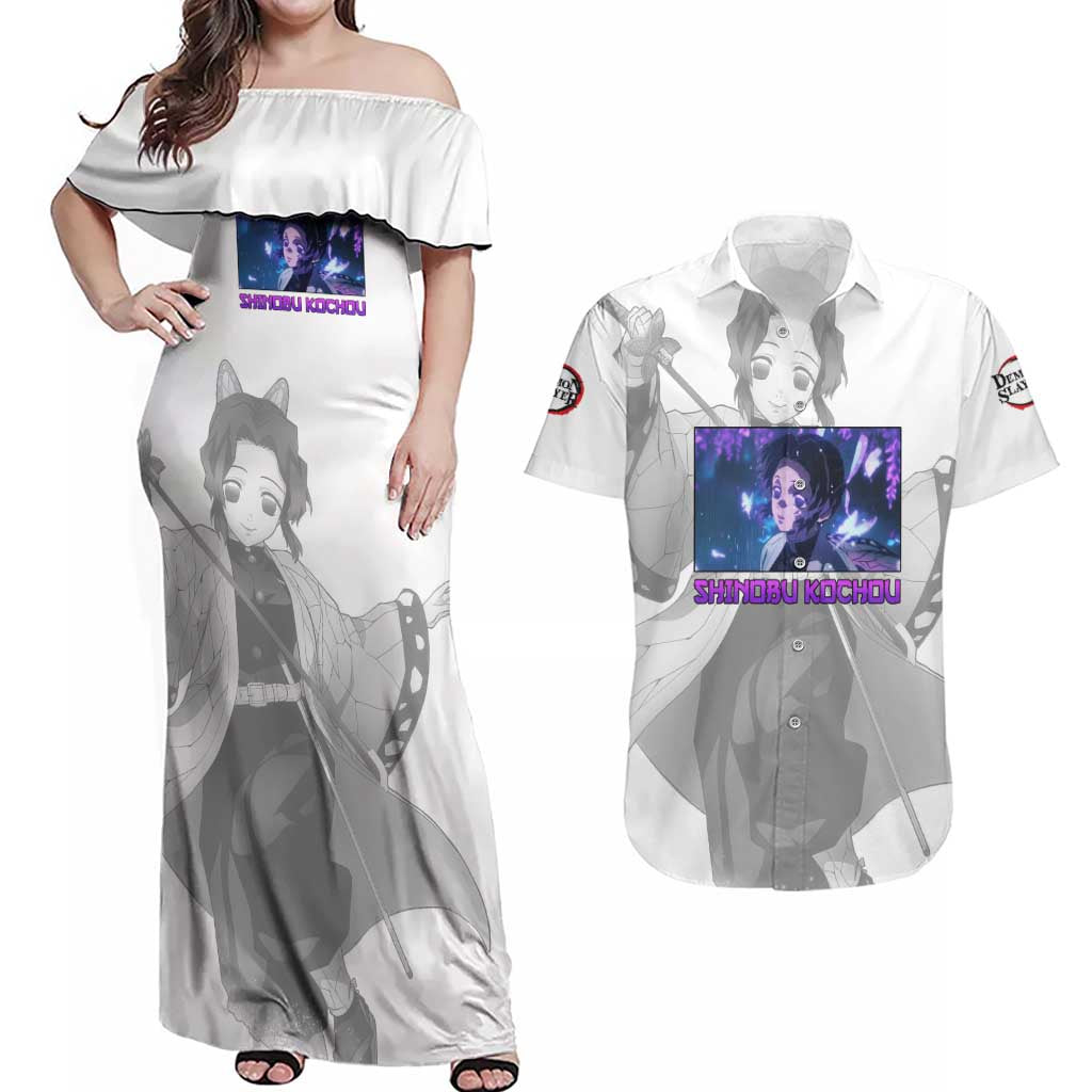 Shinobu Kochou - Demon Slayer Couples Matching Off Shoulder Maxi Dress and Hawaiian Shirt Anime Style