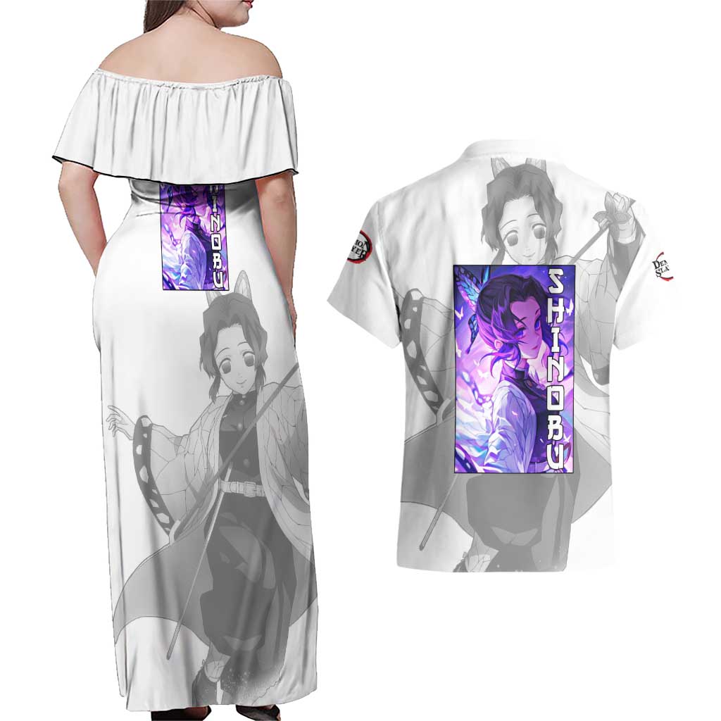 Shinobu Kochou - Demon Slayer Couples Matching Off Shoulder Maxi Dress and Hawaiian Shirt Anime Style