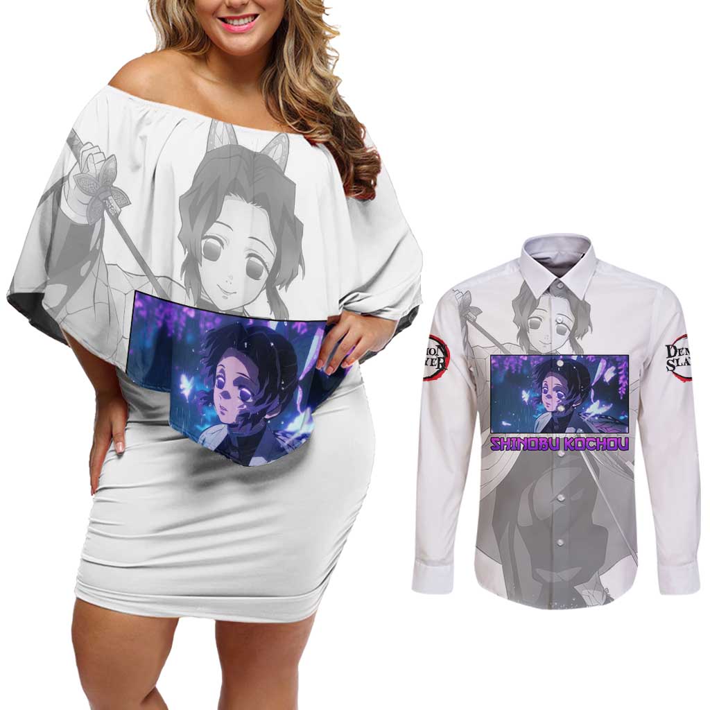 Shinobu Kochou - Demon Slayer Couples Matching Off Shoulder Short Dress and Long Sleeve Button Shirt Anime Style
