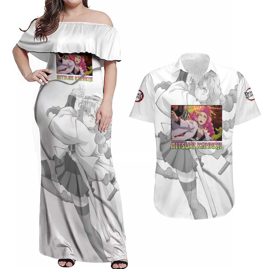 Mitsuri Kanroji - Demon Slayer Couples Matching Off Shoulder Maxi Dress and Hawaiian Shirt Anime Style