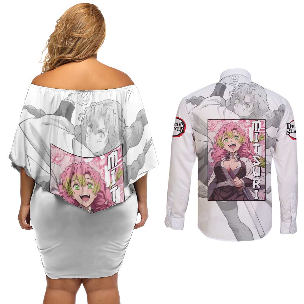 Mitsuri Kanroji - Demon Slayer Couples Matching Off Shoulder Short Dress and Long Sleeve Button Shirt Anime Style