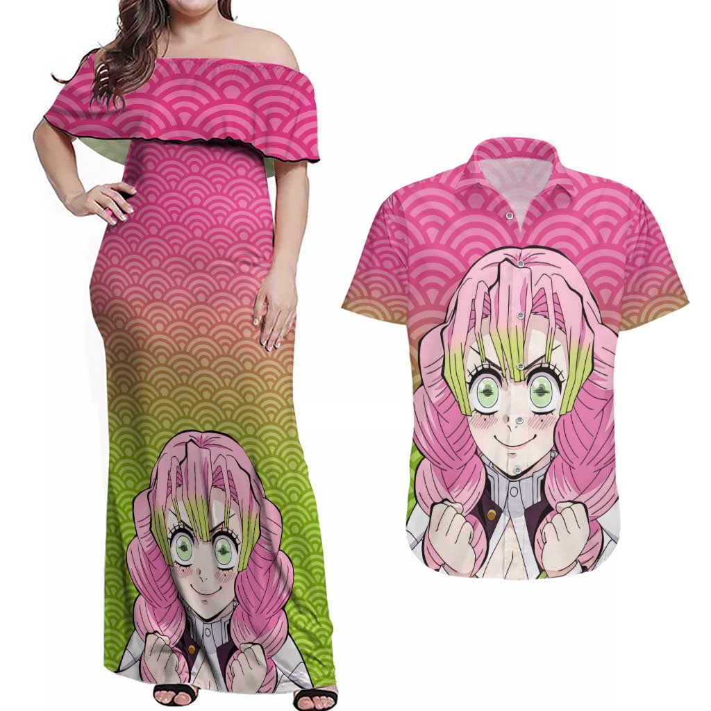 Mitsuri Kanroji - Demon Slayer Couples Matching Off Shoulder Maxi Dress and Hawaiian Shirt Anime Style