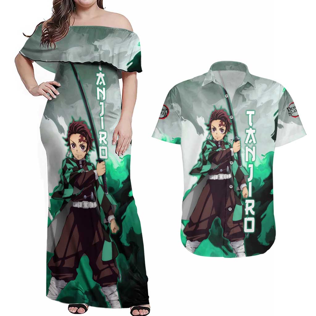 TanjIro Kamado - Demon Slayer Couples Matching Off Shoulder Maxi Dress and Hawaiian Shirt Anime Style