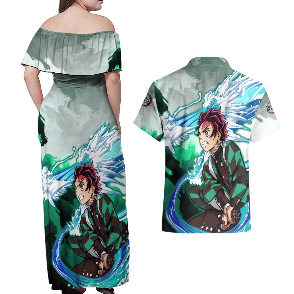 TanjIro Kamado - Demon Slayer Couples Matching Off Shoulder Maxi Dress and Hawaiian Shirt Anime Style