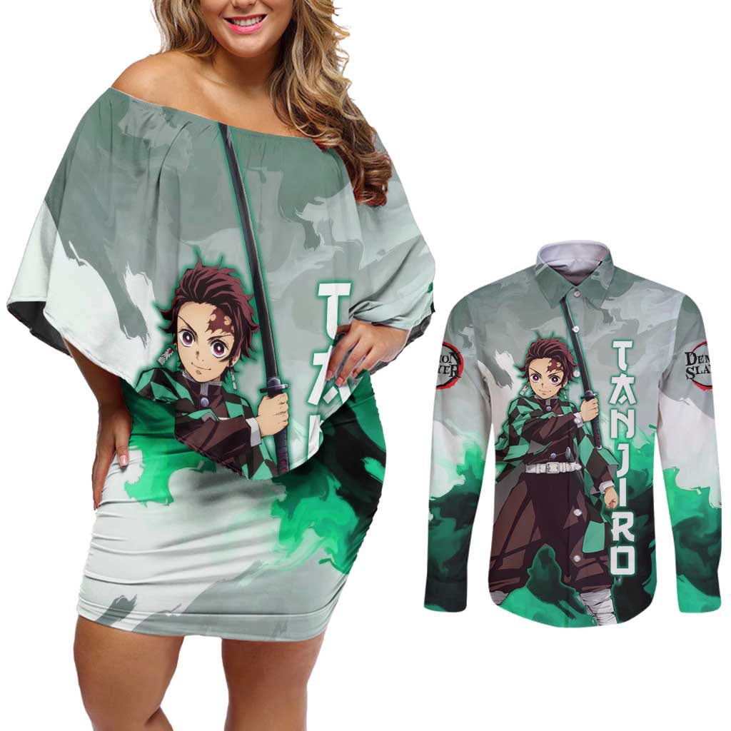 TanjIro Kamado - Demon Slayer Couples Matching Off Shoulder Short Dress and Long Sleeve Button Shirt Anime Style