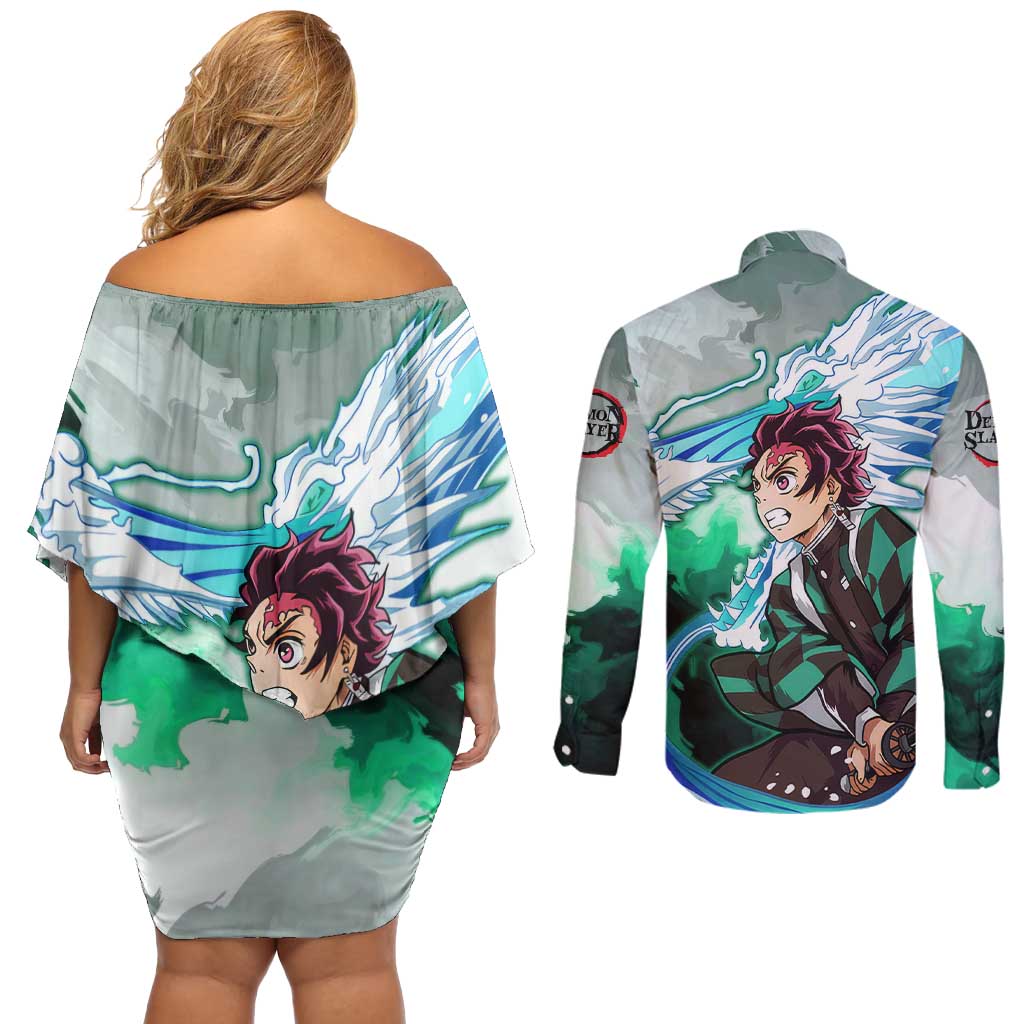 TanjIro Kamado - Demon Slayer Couples Matching Off Shoulder Short Dress and Long Sleeve Button Shirt Anime Style