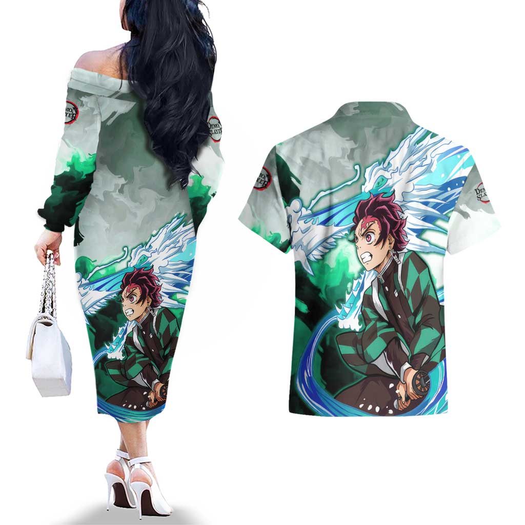 TanjIro Kamado - Demon Slayer Couples Matching Off The Shoulder Long Sleeve Dress and Hawaiian Shirt Anime Style