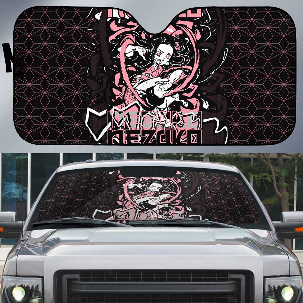 Nezuko Demon Slayer Auto Sun Shade with Pink and Black Manga Style Design - The Mazicc