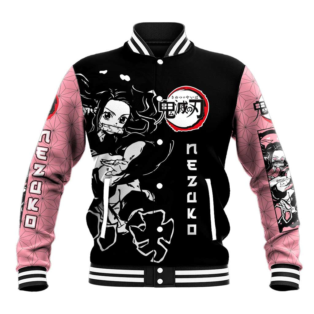 Nezuko Demon Slayer Baseball Jacket with Pink and Black Manga Style Design - The Mazicc