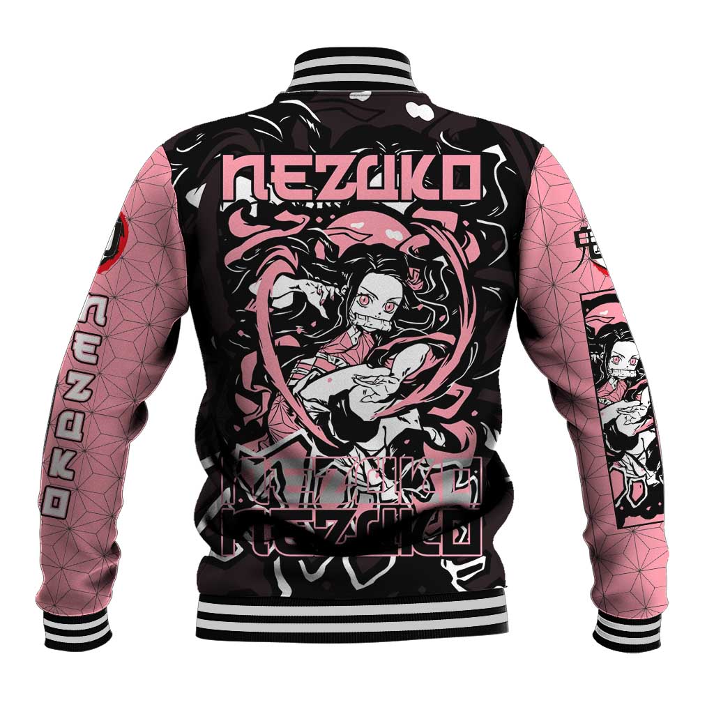 Nezuko Demon Slayer Baseball Jacket with Pink and Black Manga Style Design - The Mazicc