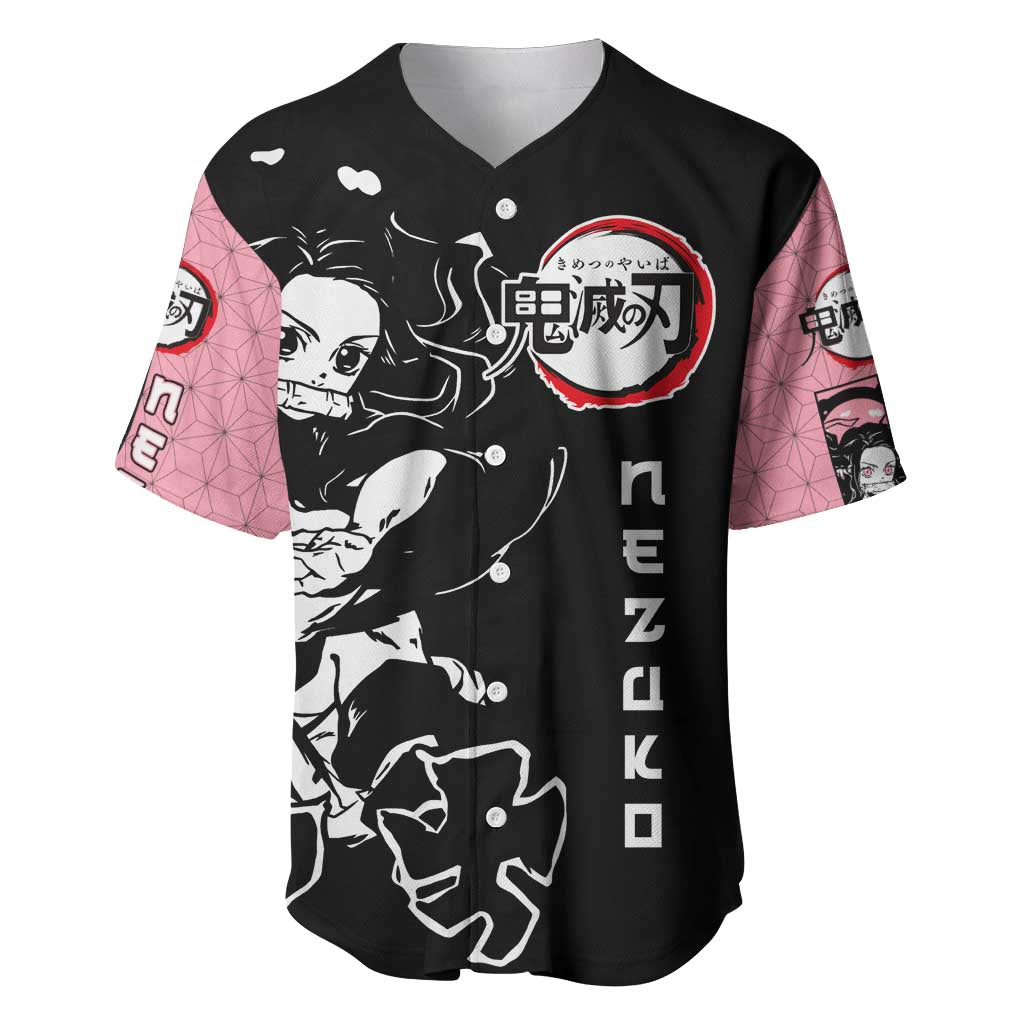 Nezuko Demon Slayer Baseball Jersey with Pink and Black Manga Style Design - The Mazicc